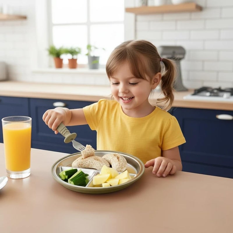 PandaEar 8PCS Baby Feeding Set | Stainless Steel Suction Plates and Bowls with Silicone Fork and Spoon Utensils | Baby Led Weaning Tableware for Toddlers & Kids (Tan & Walnut) - Image 2